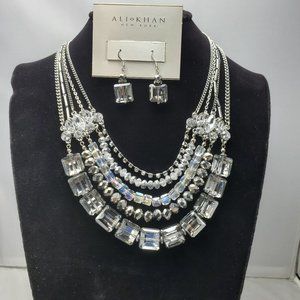 ALI KHAN five row swag necklace in faceted crystal matching earring set